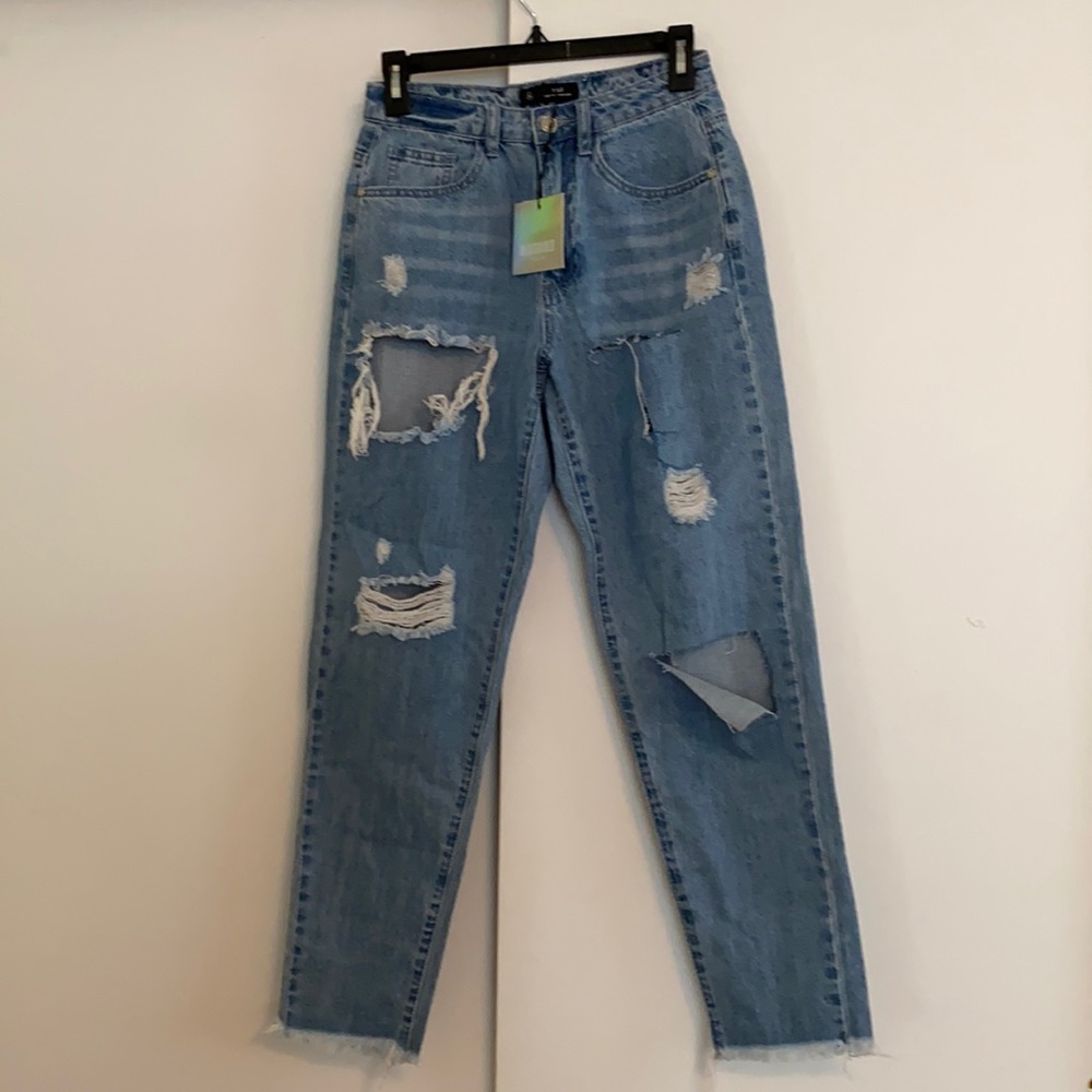 Riot High Rise mom jeans distressed “blue wash”